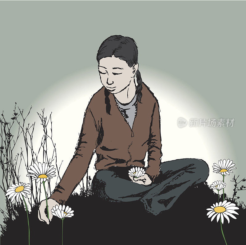 年轻女子坐在田野里采摘雏菊