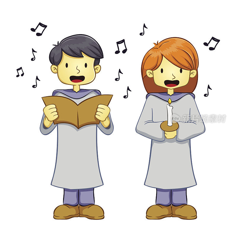 年轻的男孩和女孩在唱诗班制服唱歌