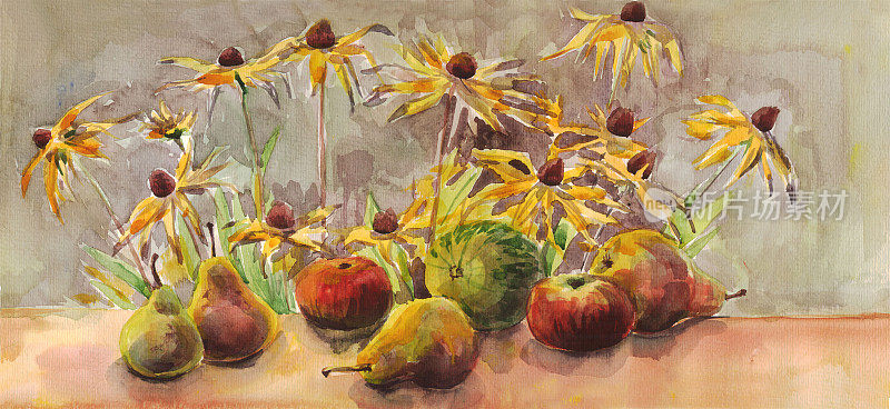 花和水果，梨，苹果和西瓜，绘画，水彩画