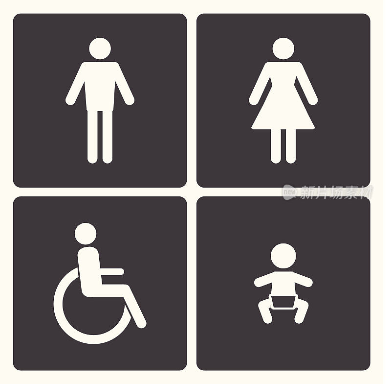 向量厕所图标:女士，男人，儿童和残疾