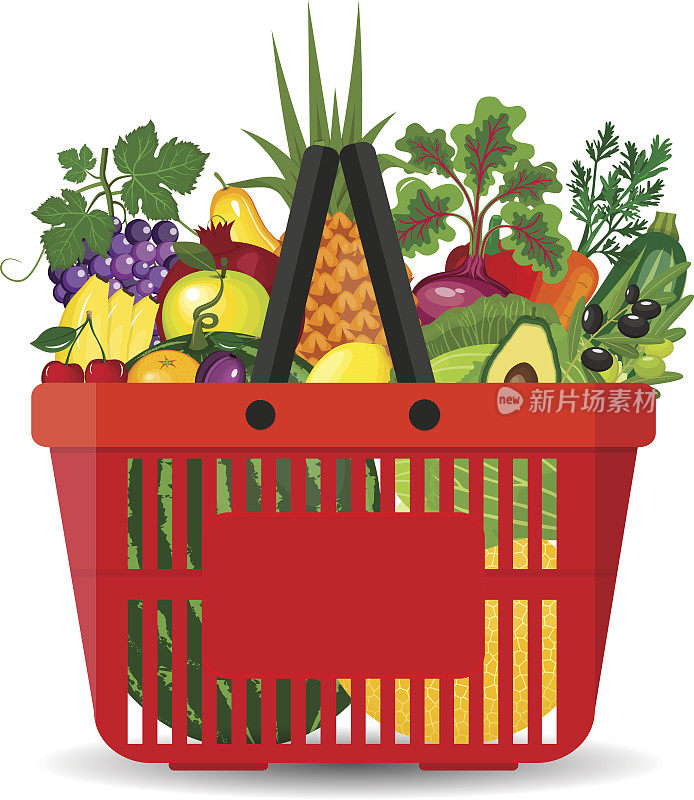超市里摆满了新鲜的水果和蔬菜。天然有机食品购物篮。向量集超市篮子水果和蔬菜