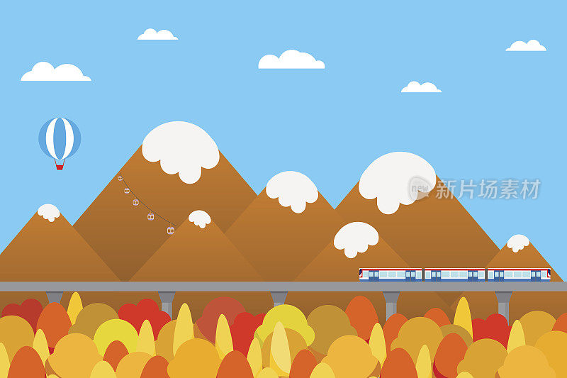 火车出站乡村与山区在秋天的季节背景