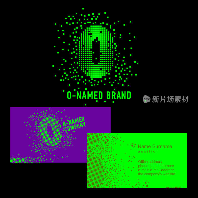 O字母符号。模板品牌名称-公司。公司标识上为公司的字母O:标志、名片。创意符号的像素，由点、粒子组成的字母O