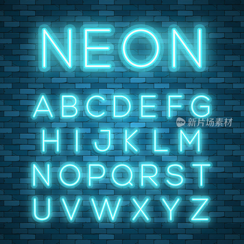 现实的霓虹灯字母表。明亮的霓虹发光字体