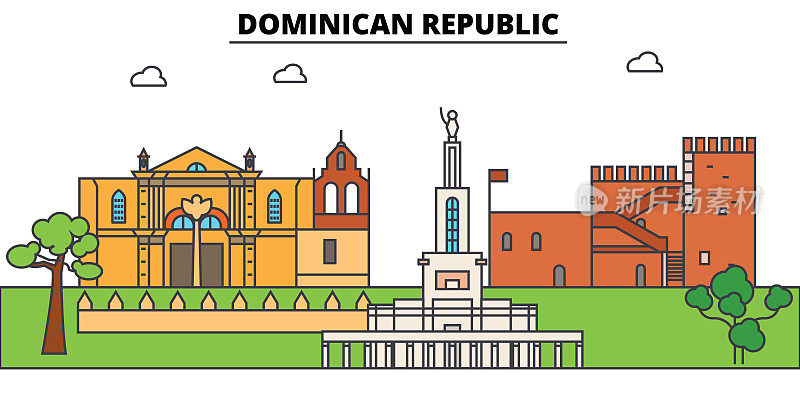 多米尼加共和国轮廓天际线，多米尼加平细线图标，地标，插图。多米尼加共和国城市景观，多米尼加旅游城市矢量旗帜。城市的轮廓