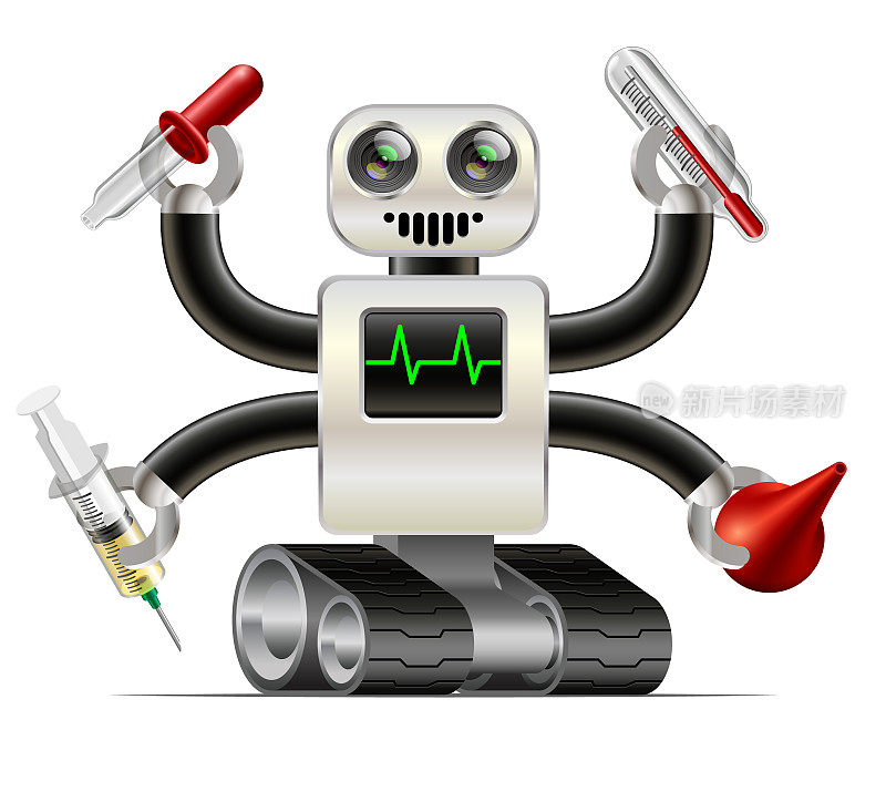 卡通医疗机器人与温度计，注射器，灌肠，移液管