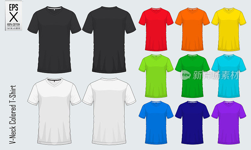 v领t恤模板。在棒球，足球，足球，运动服或休闲服前视图和后视图的一套彩色衬衫模型。向量