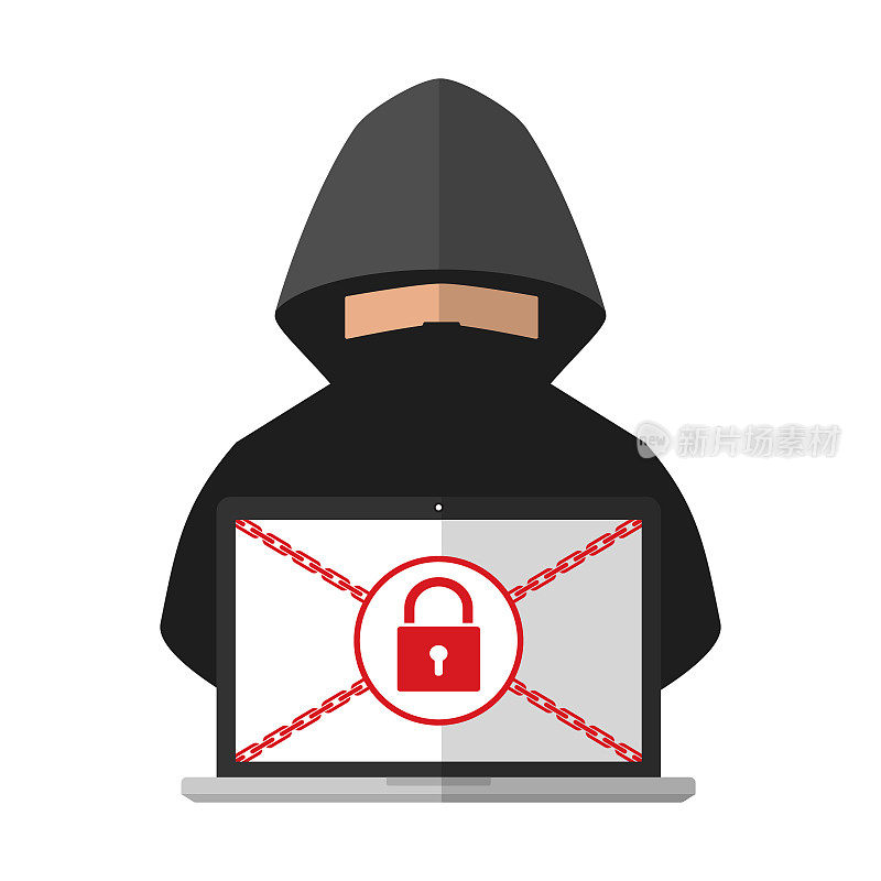窃贼锁定受害者的笔记本电脑文件夹与勒索软件恶意软件的电脑在白色背景赎金。矢量插图网络犯罪技术数据隐私和安全概念。