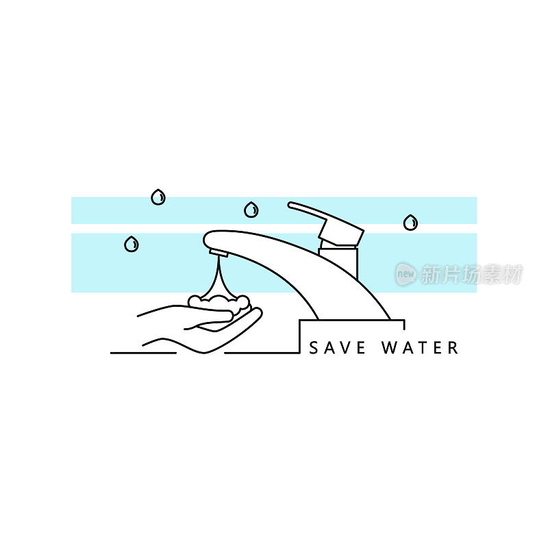 有自来水的水龙头。洗手图标。节水的概念。矢量插图在现代线条风格。
