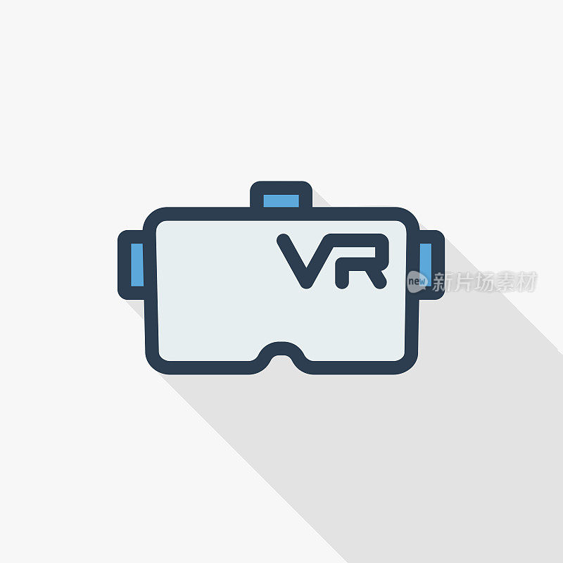 VR眼镜、护目镜、虚拟现实360细线平面彩色图标。线性向量符号。彩色的长影子设计。