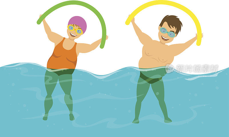 一对超重的夫妇，一男一女在游泳池里做水中健美操