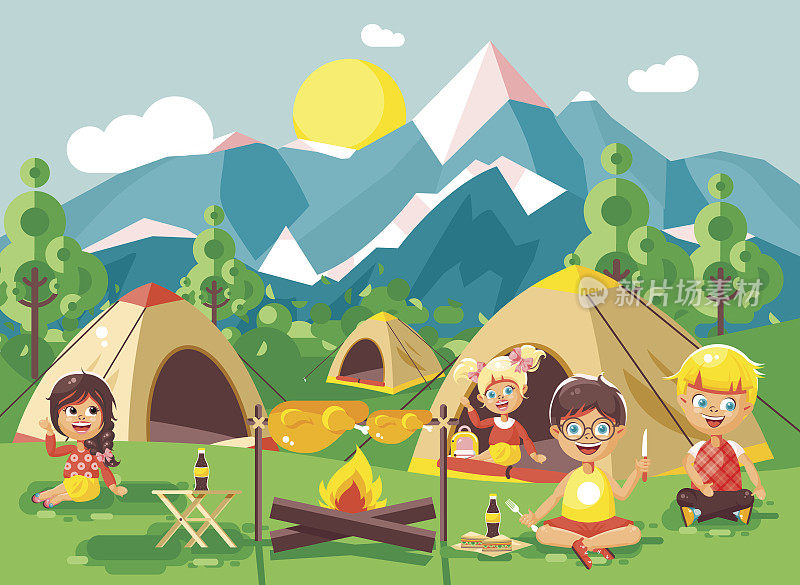 矢量插图卡通人物儿童男孩唱歌弹吉他与女童子军，露营的自然，徒步帐篷和背包，冒险公园户外背景山平风格