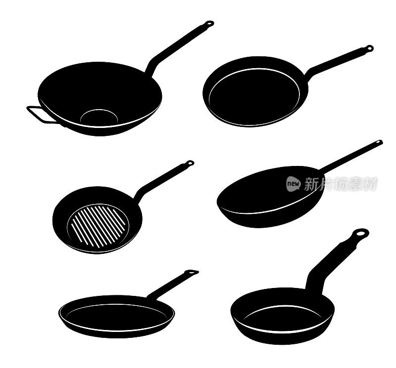 锅。做饭用的厨房用具烹饪锅和平底锅。厨房工具的轮廓。矢量图