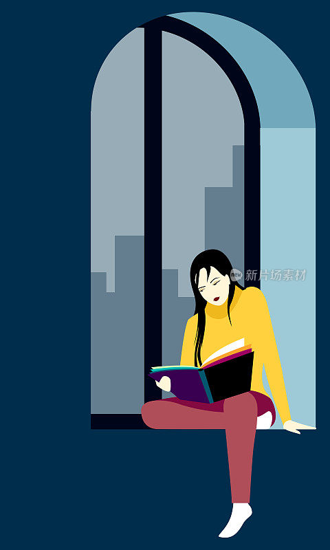 一个年轻的女人坐在窗台上看书