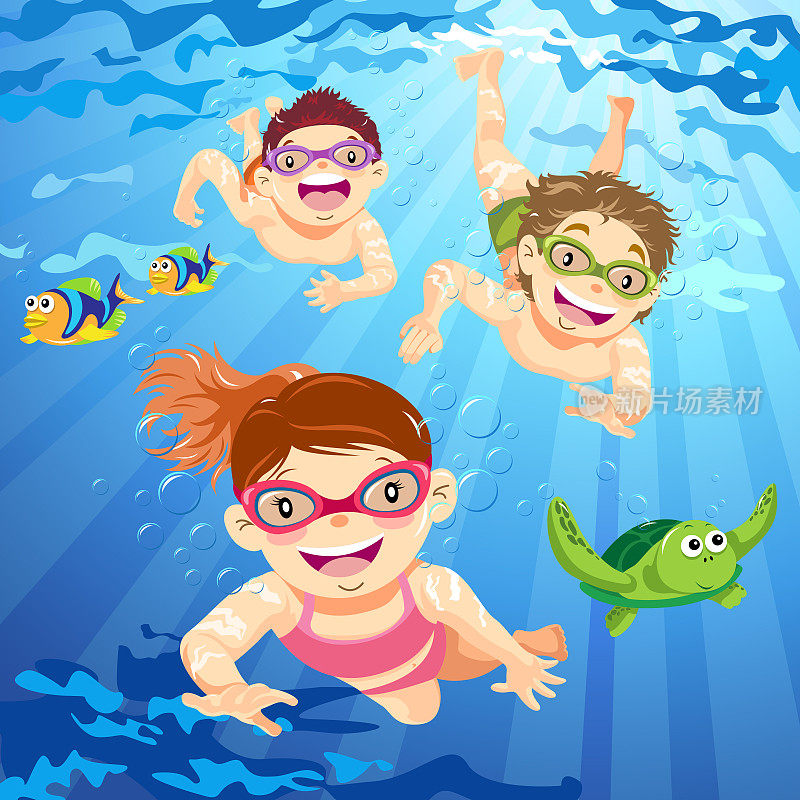 儿童在夏天浮潜