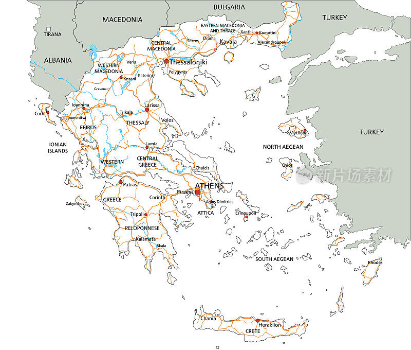 高度详细的希腊路线图与标签。