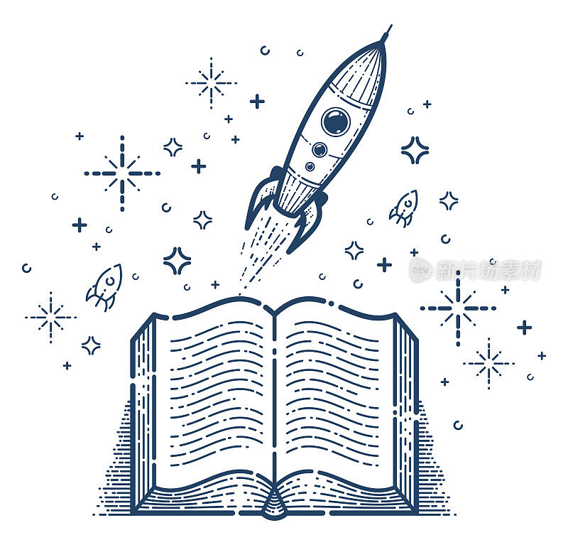 打开书本用火箭发射矢量线性图标，导弹从文字开始，空间科学文献图书馆阅读线条艺术插图。