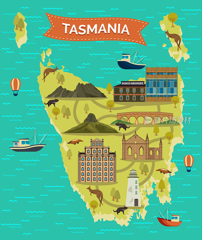 塔斯马尼亚地图或塔西岛，塔斯马尼亚著名的地标