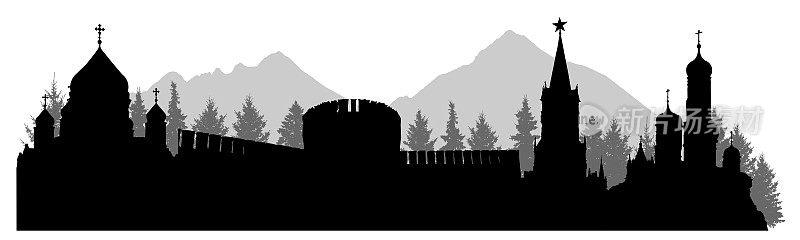 俄罗斯，克里姆林宫宫殿、堡垒、大教堂、森林和山脉的剪影。矢量图