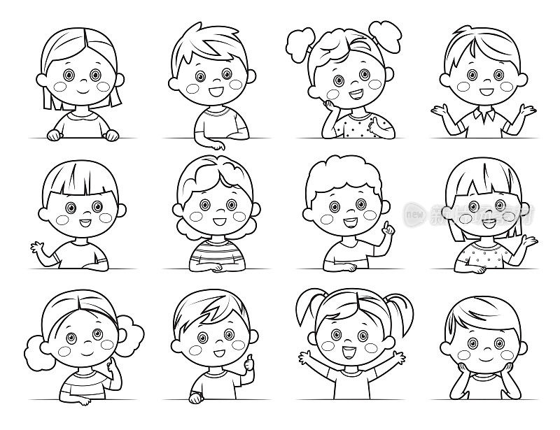 涂色页男孩和女孩收集。多民族群体的快乐儿童。不同的卡通面孔图标