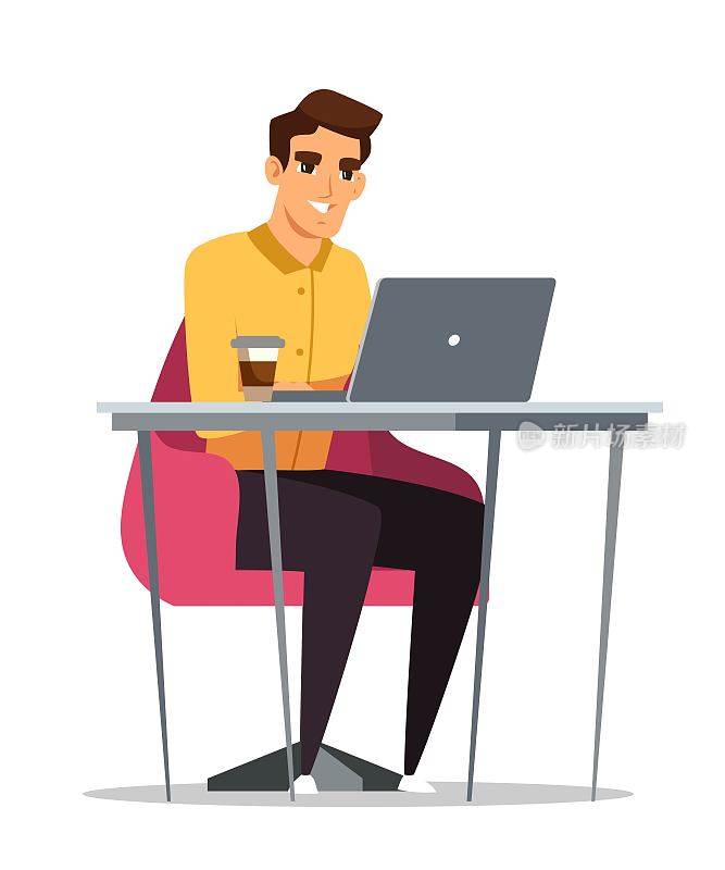 快乐的商人工作的笔记本电脑在办公室人物卡通向量插图。坐在办公桌前喝着咖啡，在电脑前工作。快乐的员工，年轻的商人，工作场所的员工