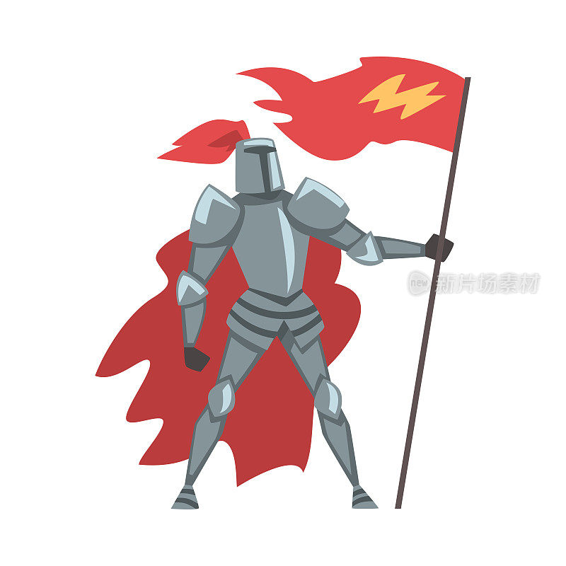中世纪骑士与红旗，骑士武士角色在全金属身体盔甲和红色斗篷卡通风格矢量插图