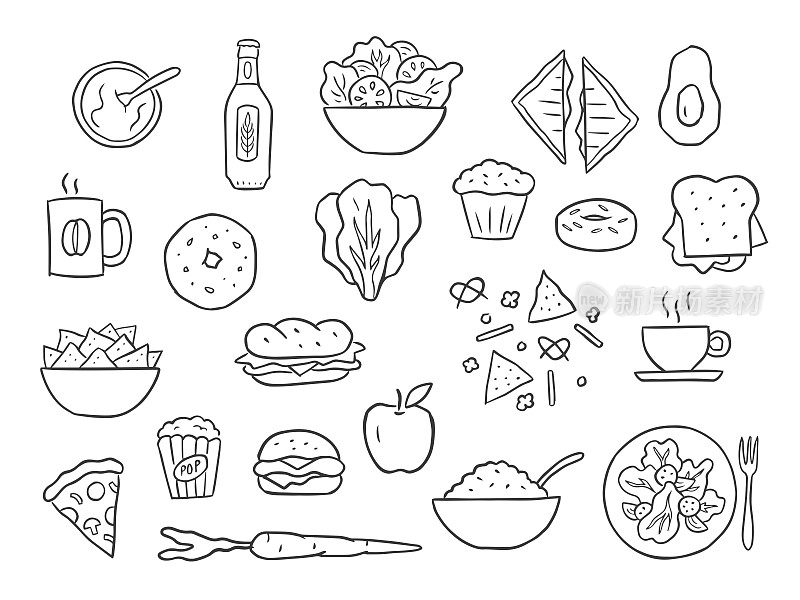 手绘矢量午餐菜单和零食元素
