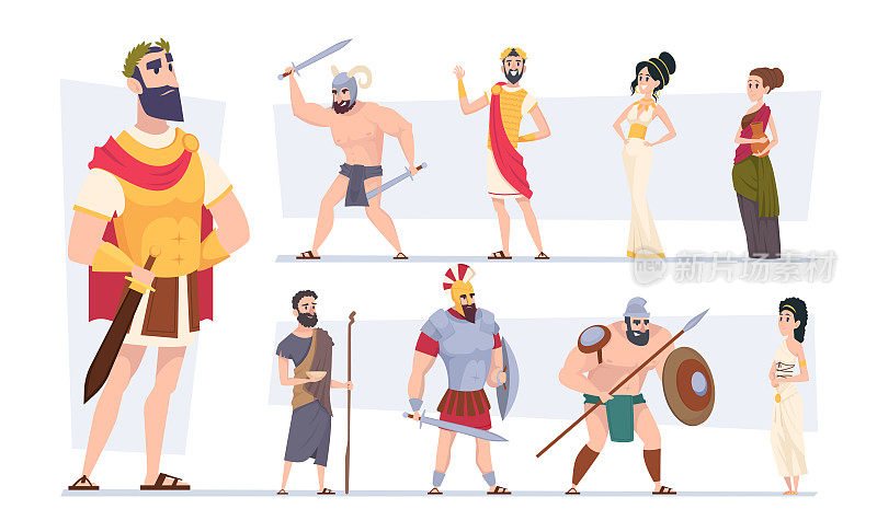 古代罗马。正宗的罗马传统公民服装中世纪服装竞技场战士准确的矢量卡通人物
