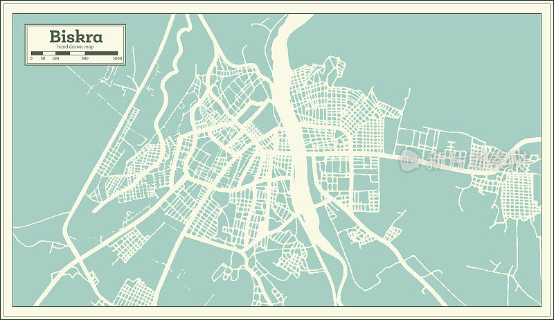 复古风格的Biskra阿尔及利亚城市地图。略图。