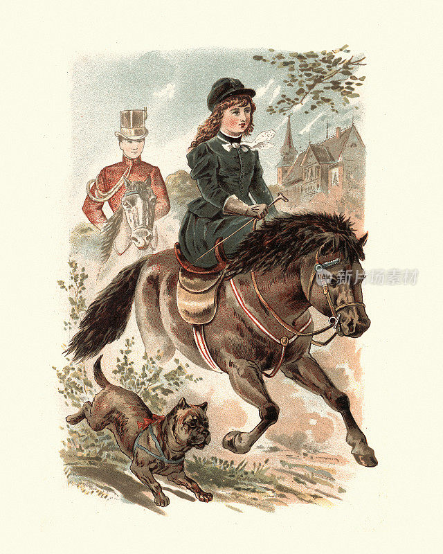 19世纪90年代，维多利亚时代，一个年轻女孩骑着她的小马驹，带着她的宠物狗