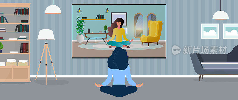 办公室里的那个女孩正在冥想。女孩在看电视上的瑜伽课。向量。