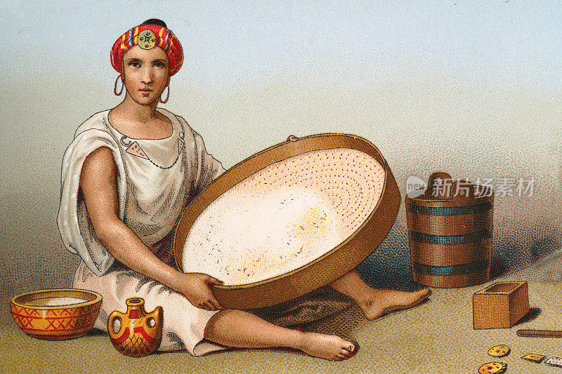 一名正在筛面粉的年轻女子，北非突尼斯，19世纪