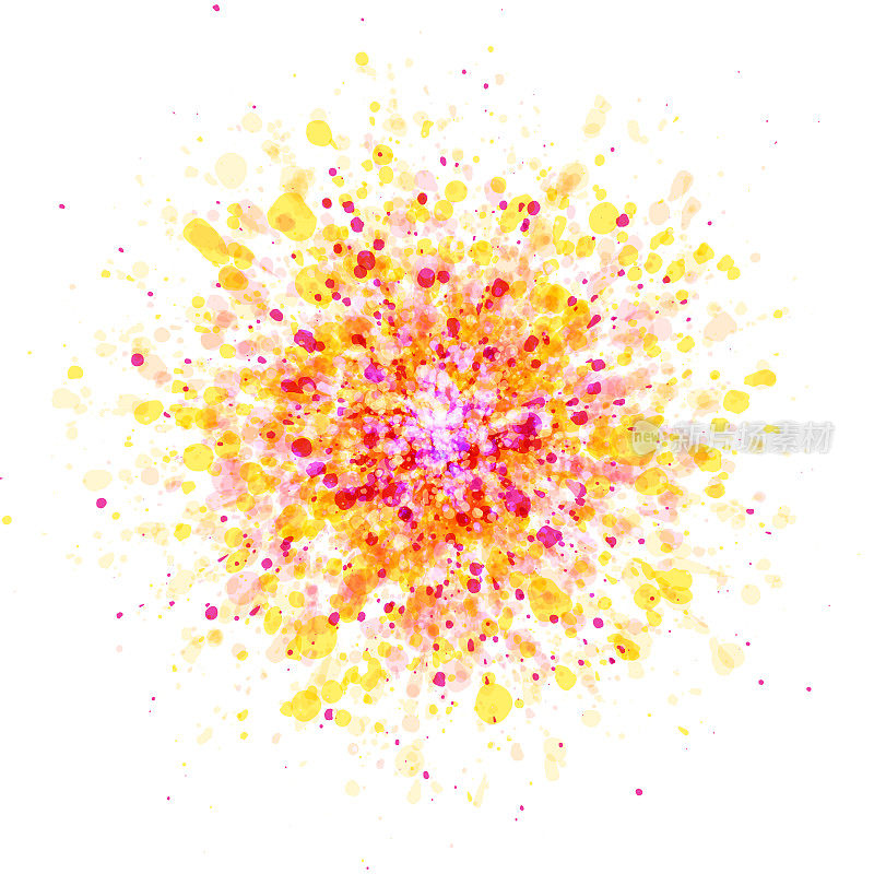多色飞溅的白色背景。黄色、红色和粉色液滴爆炸