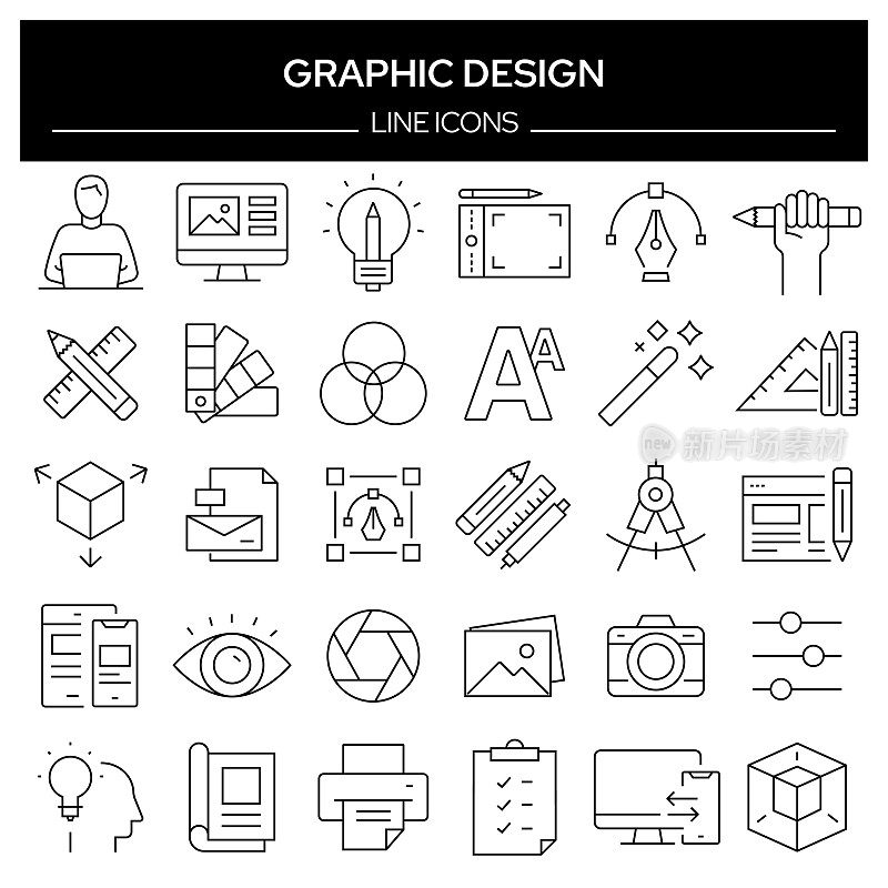 一套图形设计相关的线图标。轮廓符号集合，可编辑的描边