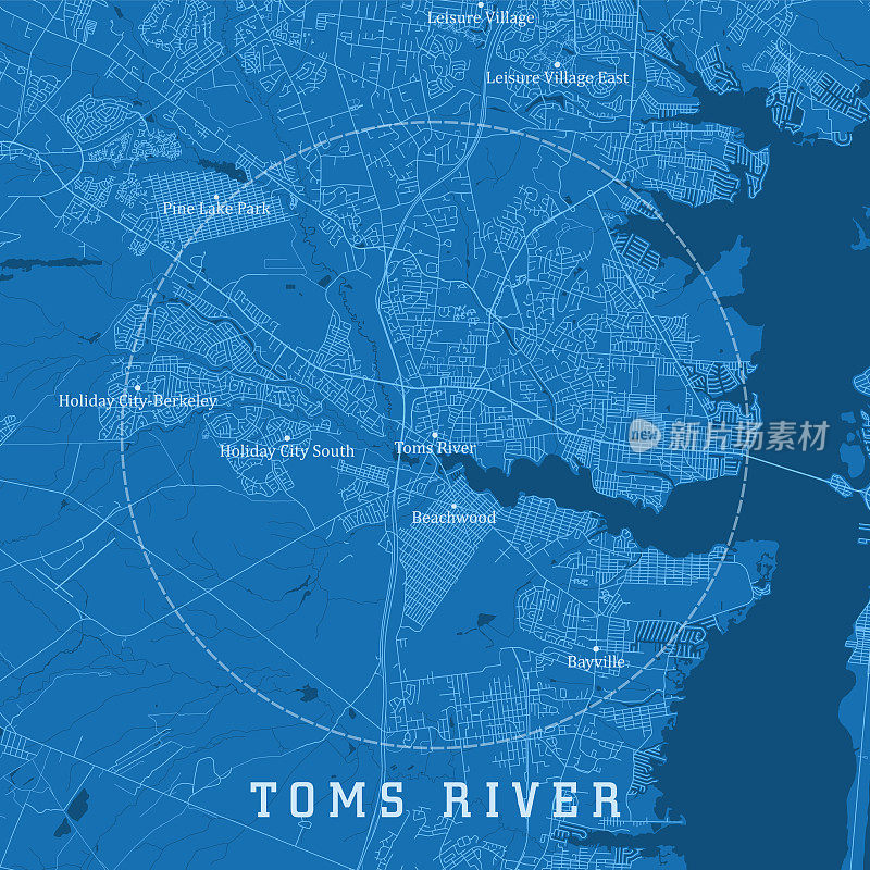 汤姆斯河新泽西州城市矢量路线图蓝色文本