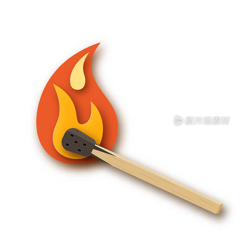 燃烧的火柴，带有火焰的火柴棒。剪纸的设计。简单的矢量插图上的白色背景