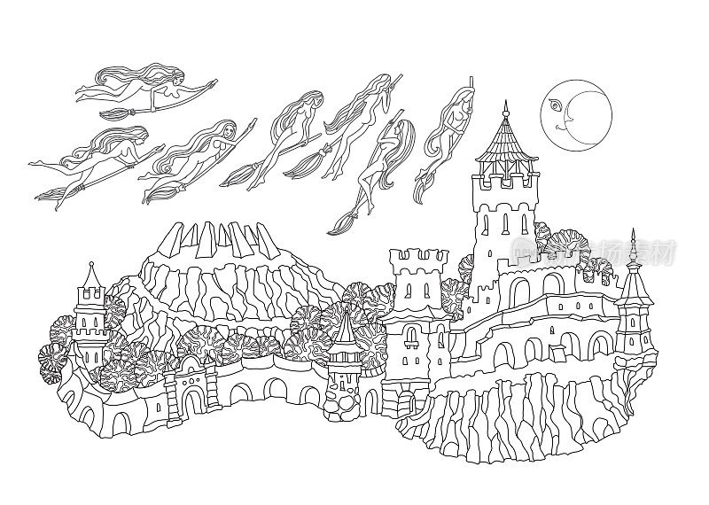 矢量轮廓勾勒出梦幻的风景，童话小镇上中世纪的小城堡，女巫骑着扫帚飞向安息日。黑白T恤印花，成人涂色书页