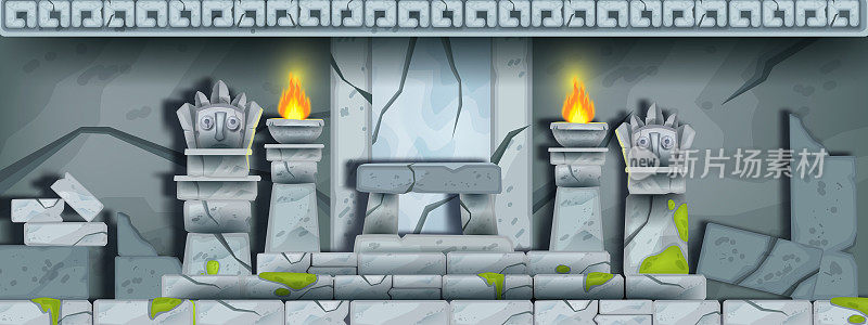 古石庙废墟，矢量动画玛雅墓内部背景，历史游戏插图。