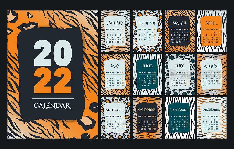 挂历2022模板，橙色、绿色、桃色、白色和黑色的桌面挂历设计。周一开始，带着计划表，文具，挂历。矢量插图与老虎模式