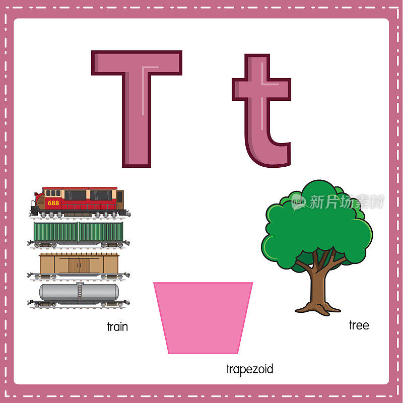 向量插图学习字母T的小写和大写的儿童与3卡通图像。火车梯形树。