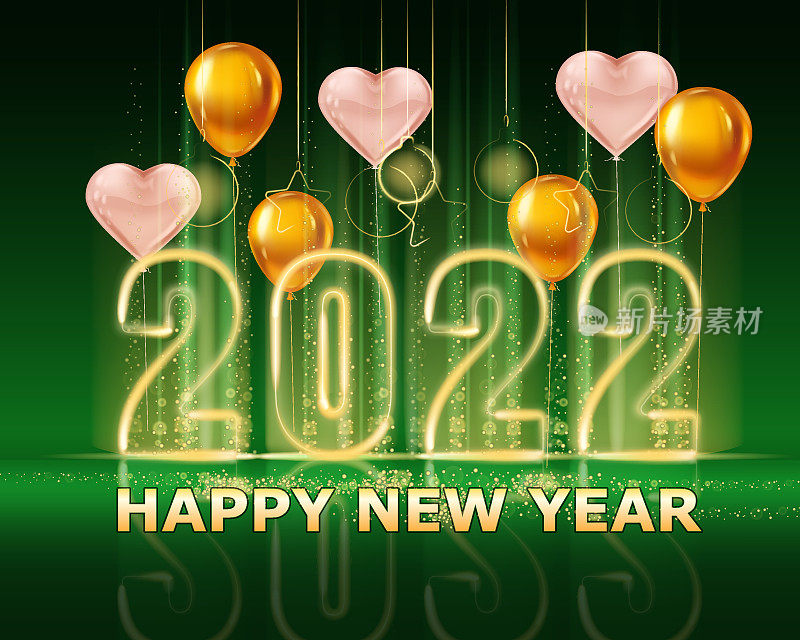 2022年新年日历金色闪亮数字旗帜，舞台领奖台，粉色心形气球。星期从星期日开始。逼真的文字闪光，金色的粒子，闪光，闪光尘埃，绿色的背景。矢量图