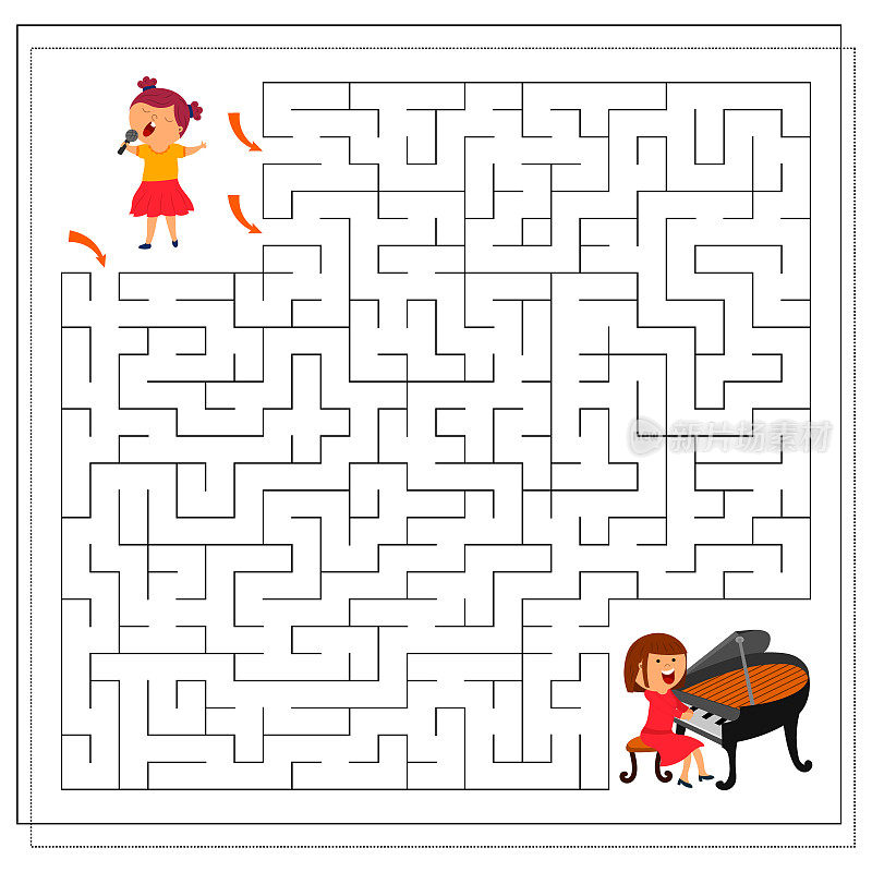 一款儿童益智游戏，走迷宫。孩子都是音乐家。矢量孤立在白色背景上