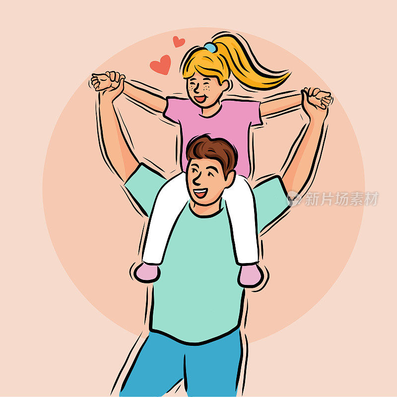 爸爸和女儿在他的肩膀上，卡通风格矢量插图