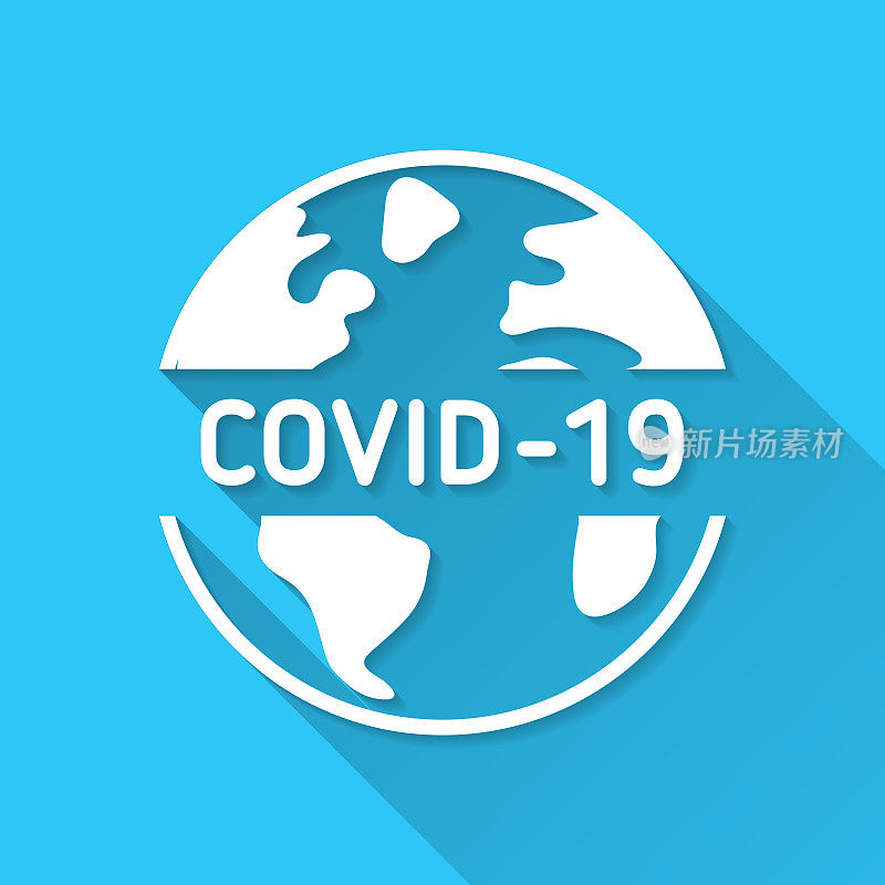 地球上COVID-19。蓝色背景上的图标-长阴影平面设计