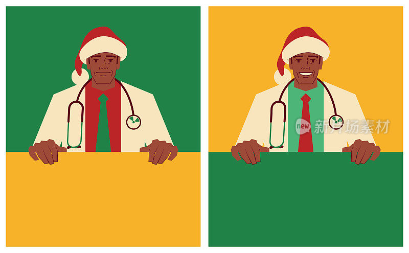 成熟的主治医生穿着圣诞老人的衣服拿着空白的牌子