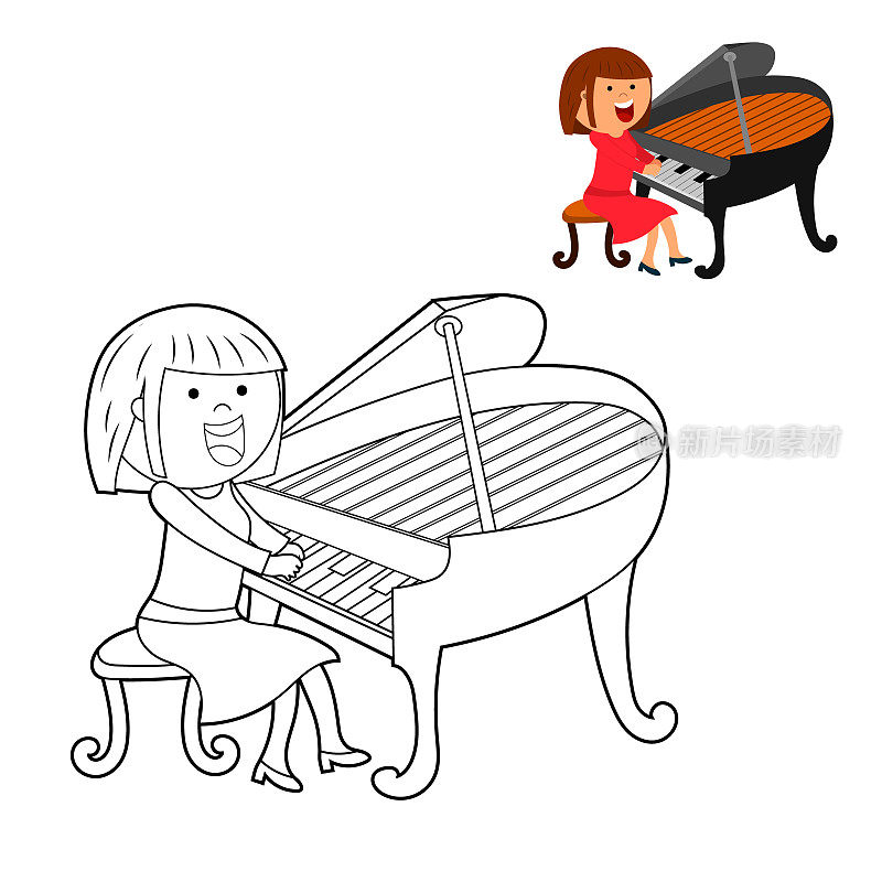 儿童涂色书。根据图纸给它上色。可爱的卡通女孩在弹钢琴。向量