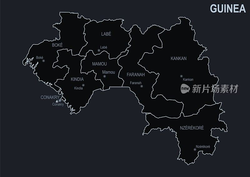 几内亚的扁平地图，以黑色为背景的城市和地区