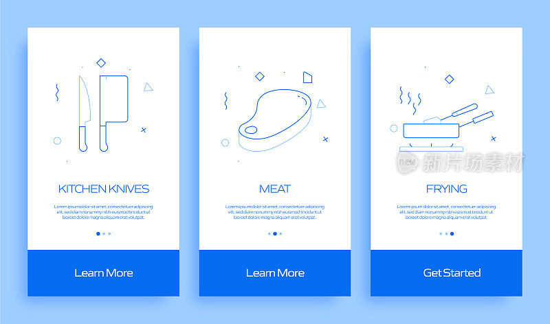 在移动应用页面上使用扁平图标的烹饪概念。用户体验，UI设计模板矢量插图