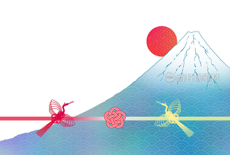 新年贺卡:第一次日出和富士山。前景是鹤和梅花图案。