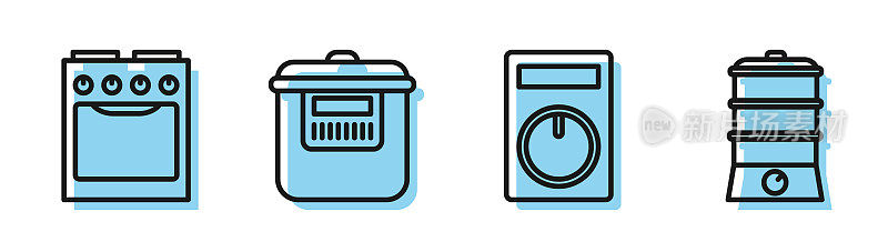 设置线遥控，烤箱，慢煲和双锅图标。向量